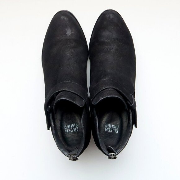Eileen Fisher Black Nubuck Leather Almond Toe Block Heel Ankle Boots Booties 7.5 - Picture 5 of 16